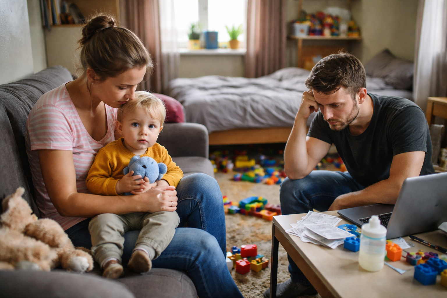 Gezin met baby in een klein startersappartement met beperkte woonruimte