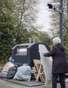 Camera op paal gericht op ondergrondse afvalcontainer met grofvuil en afvalzakken ernaast