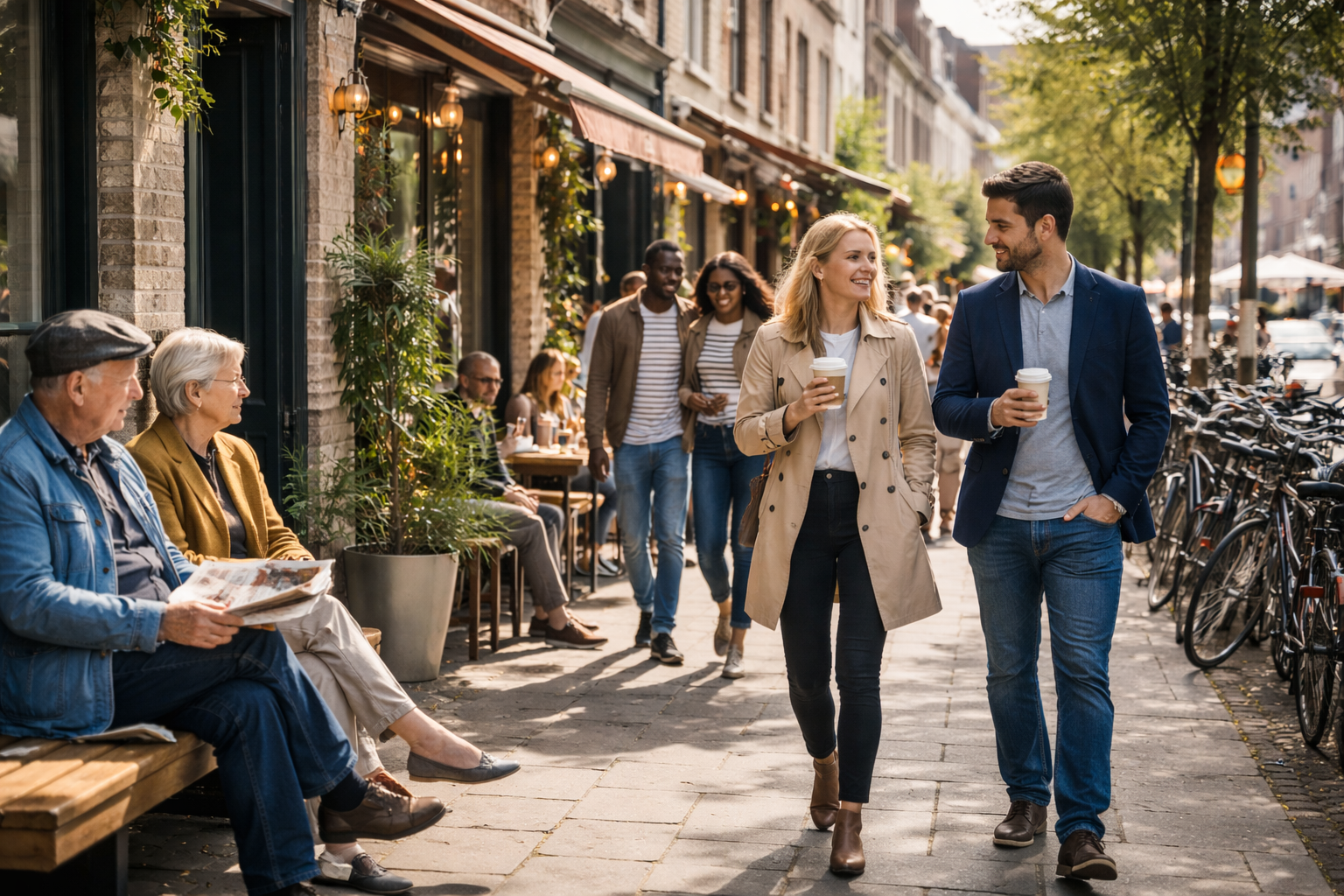 Straatbeeld met nieuwe bewoners en bestaande buurtbewoners in een veranderende stadswijk, illustratie van gentrificatie en verdringing op de woningmarkt.