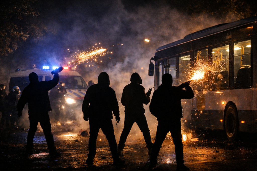 Zwarte silhouetten van jongeren die ’s nachts vuurwerk gooien naar een bus en politie tijdens onrust op straat