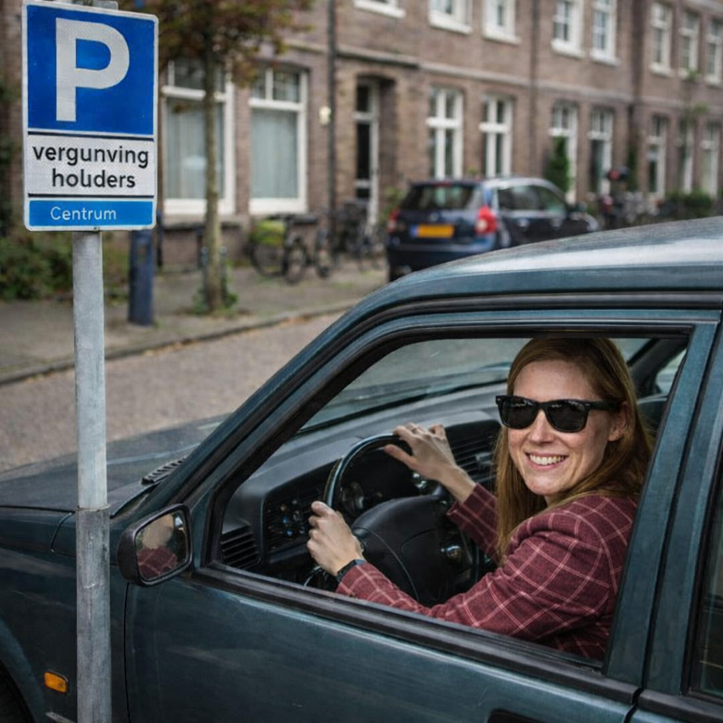 Vrouw met zonnebril achter het stuur van een geparkeerde auto in een vergunningparkeren straat in Utrecht